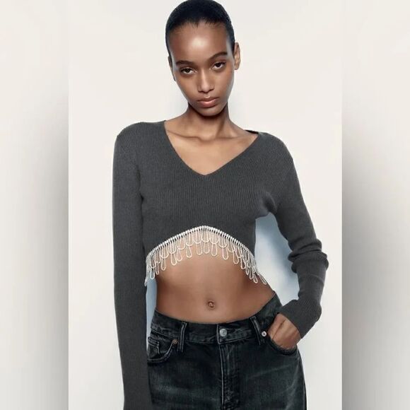 ZARA RHINESTONE SOFT CROP TOP - Picture 5 of 12